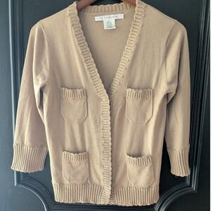 Silk Cotton Blend Cardigan Tan Beige Scalloped Trim Quiet Luxury Old Money Sz S